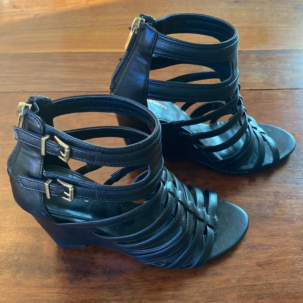 Express Strappy Wedge Sandals - Black - 7
